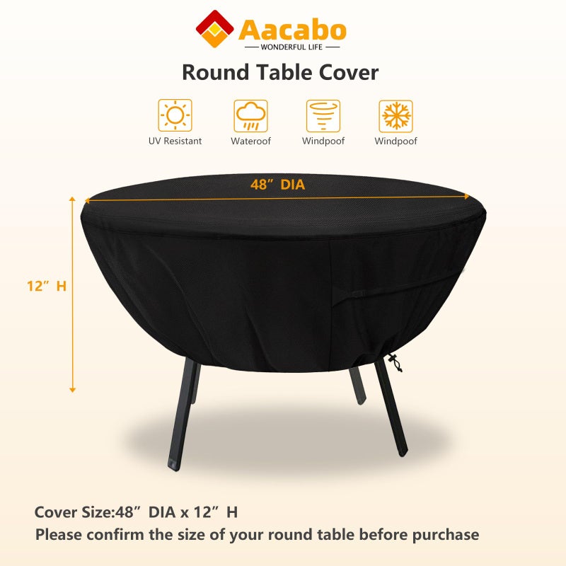 Aacabo Round Patio Table Cover,Suitable for 48 Inch Diameter Patio Round Table,Waterproof Heavy Duty Round Outdoor Coffee Table Cover,Black - Image 2